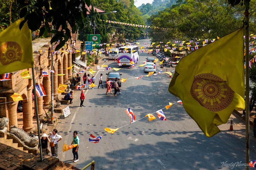 Overlooking the street before climbing the stairs to Doi Suthep temple in Chiang Mai, Thailand.